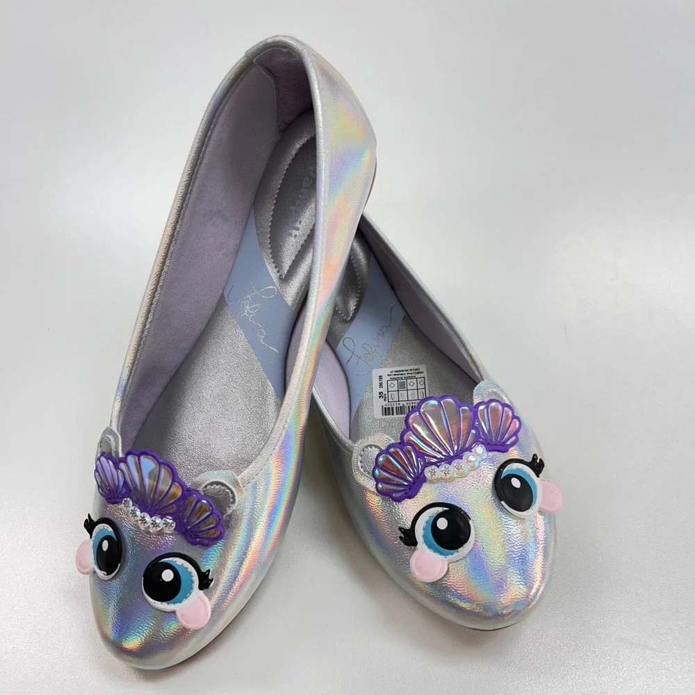 Pampili Fofura Kids Silver Holographic Mermaid Seashell Character Flats Sz 35